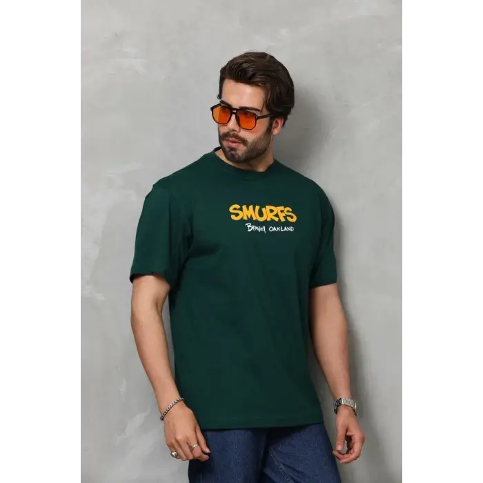 Erkek Kısa Kol Yazlık Tişört Bisiklet Yaka Baskılı Oversize T-Shirt - Yeşil