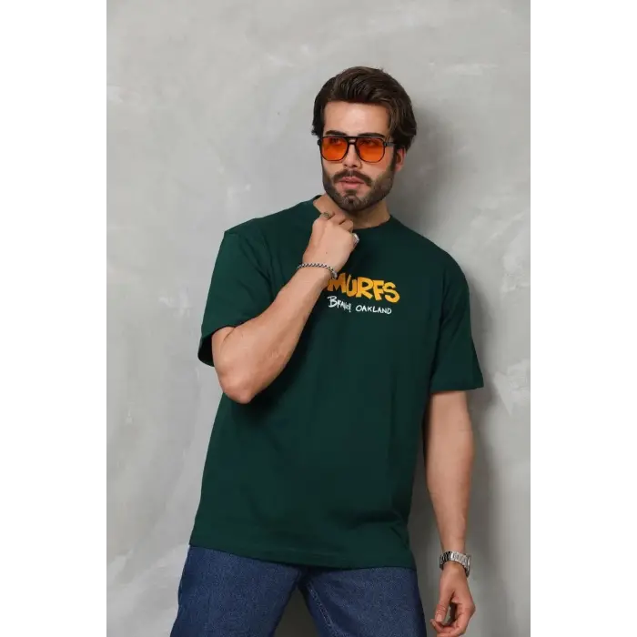 Erkek Kısa Kol Yazlık Tişört Bisiklet Yaka Baskılı Oversize T-Shirt - Yeşil