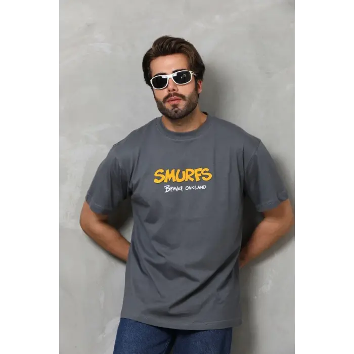 Erkek Kısa Kol Yazlık Tişört Bisiklet Yaka Baskılı Oversize T-Shirt - Füme