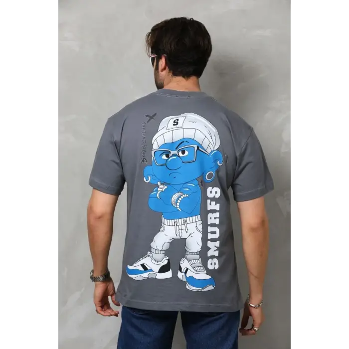 Erkek Kısa Kol Yazlık Tişört Bisiklet Yaka Baskılı Oversize T-Shirt - Füme