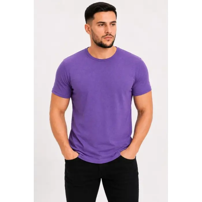 Erkek Basic Tişört Bisiklet Yaka Kısa Kol Günlük Yazlık Slim fit T-Shirt - Mor