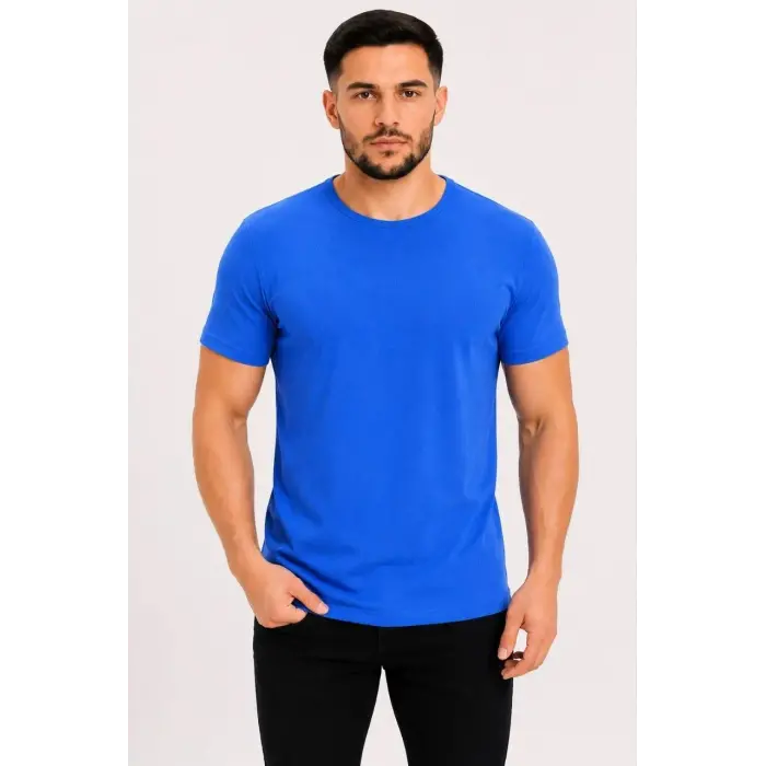 Erkek Basic Tişört Bisiklet Yaka Kısa Kol Günlük Yazlık Slim fit T-Shirt - Saks Mavisi