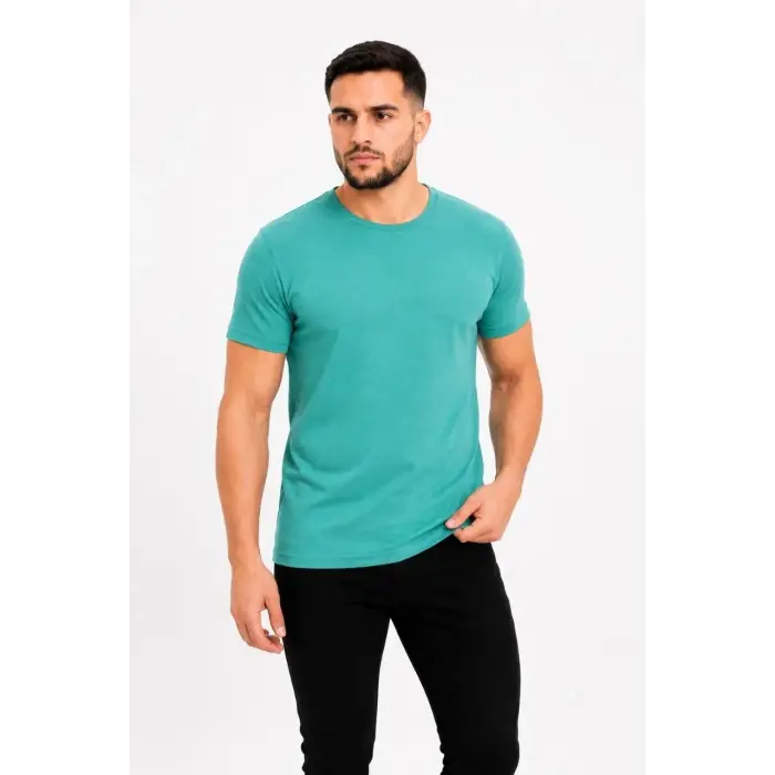 Erkek Basic Tişört Bisiklet Yaka Kısa Kol Günlük Yazlık Slim fit T-Shirt - Su Yeşili
