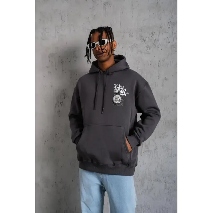 Erkek 3 İplik Pamuklu Kapüşonlu Baskılı Cepli Oversize Sweatshirt Hoodie - Füme