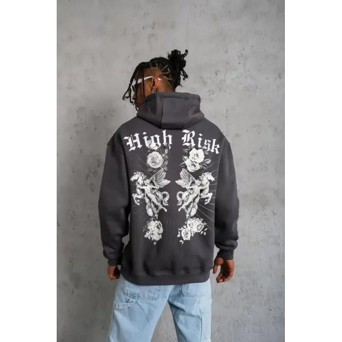 Erkek 3 İplik Pamuklu Kapüşonlu Baskılı Cepli Oversize Sweatshirt Hoodie - Füme
