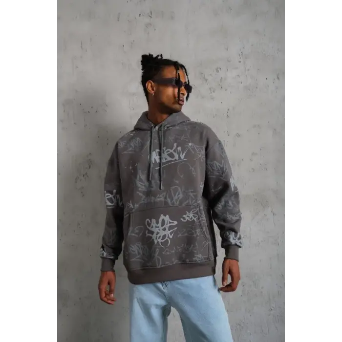 Erkek 3 İplik Pamuklu Kapüşonlu Kanguru Cepli Sweatshirt Hoodie -  Gri