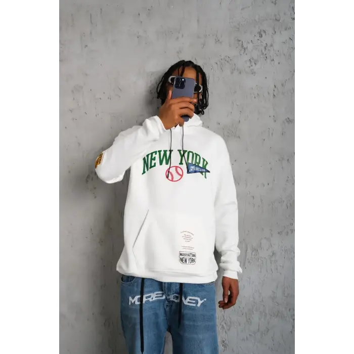 Erkek 3 İplik Pamuklu Kapüşonlu Baskılı Cepli Oversize Sweatshirt Hoodie - Beyaz