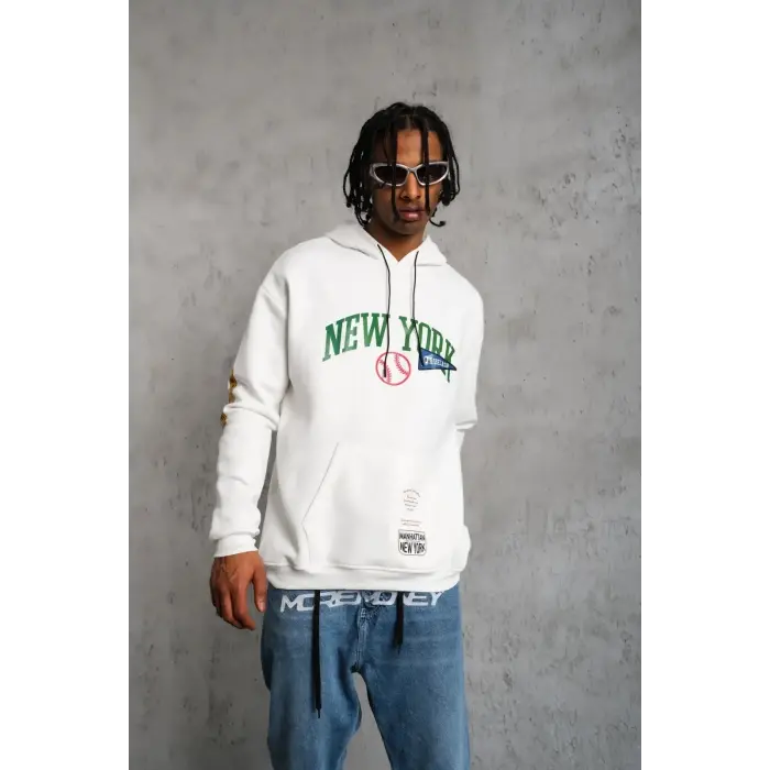 Erkek 3 İplik Pamuklu Kapüşonlu Baskılı Cepli Oversize Sweatshirt Hoodie - Beyaz
