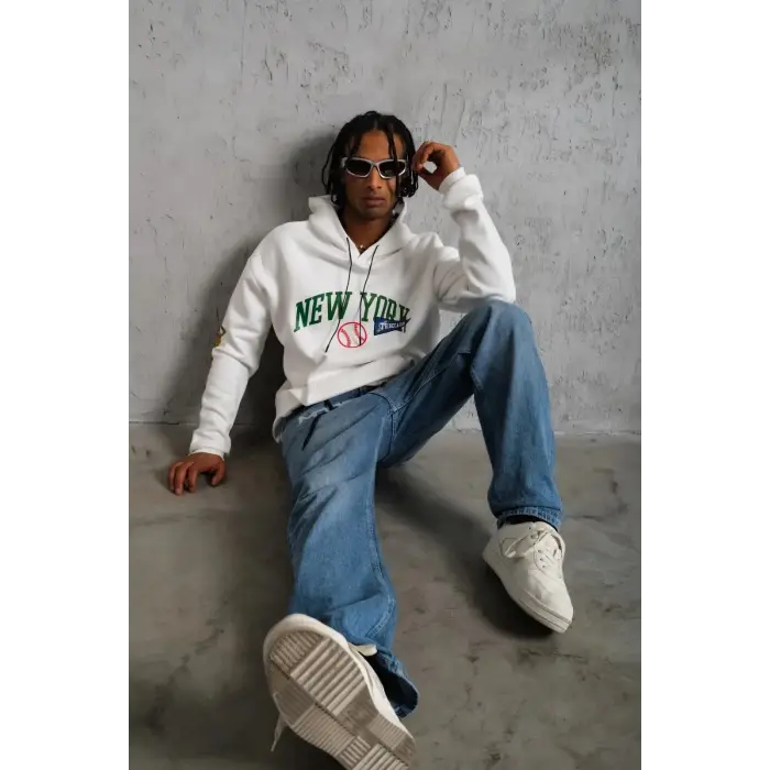 Erkek 3 İplik Pamuklu Kapüşonlu Baskılı Cepli Oversize Sweatshirt Hoodie - Beyaz