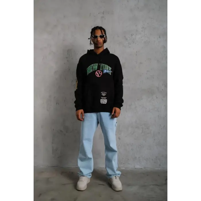 Erkek 3 İplik Pamuklu Kapüşonlu Baskılı Cepli Oversize Sweatshirt Hoodie - Siyah