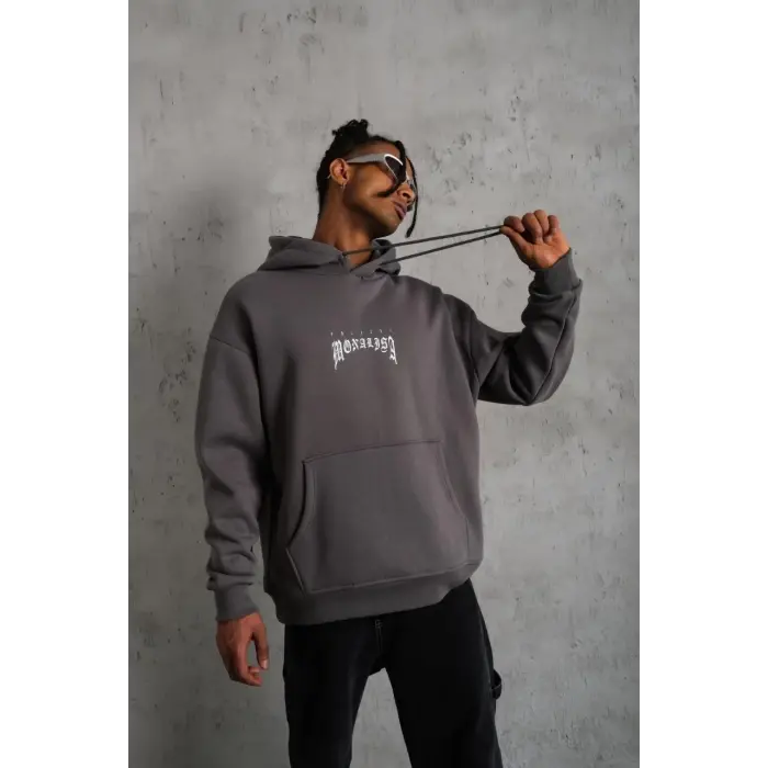 Erkek 3 İplik Pamuklu Kapüşonlu Baskılı Cepli Oversize Sweatshirt Hoodie - Gri