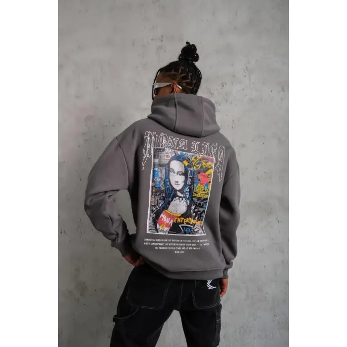 Erkek 3 İplik Pamuklu Kapüşonlu Baskılı Cepli Oversize Sweatshirt Hoodie - Gri