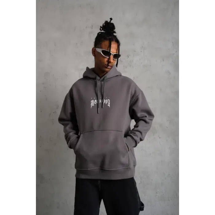 Erkek 3 İplik Pamuklu Kapüşonlu Baskılı Cepli Oversize Sweatshirt Hoodie - Gri