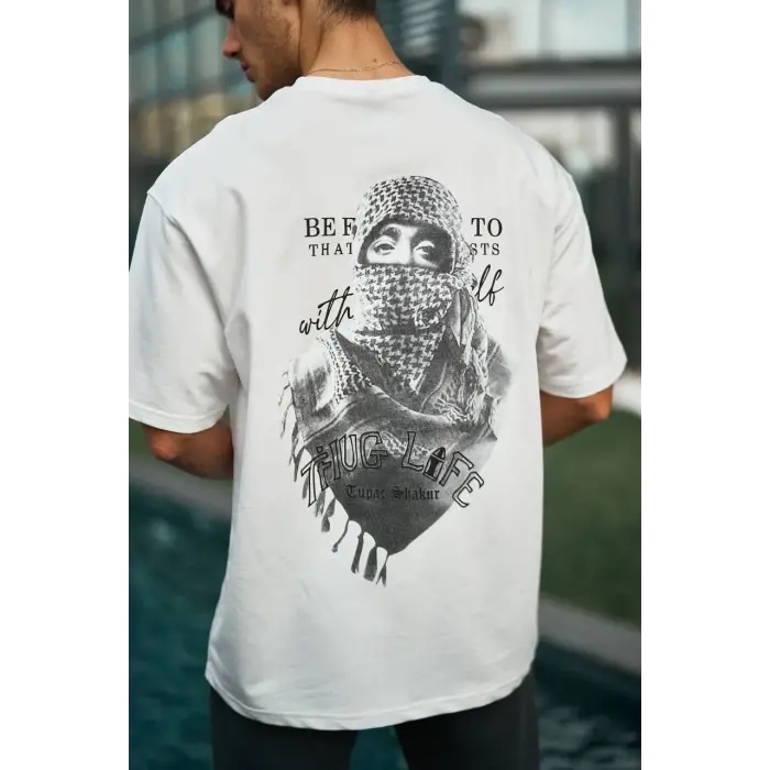 Erkek Kısa Kol Tişört Bisiklet Yaka Filistin Poşulu Baskılı T-Shirt - Beyaz