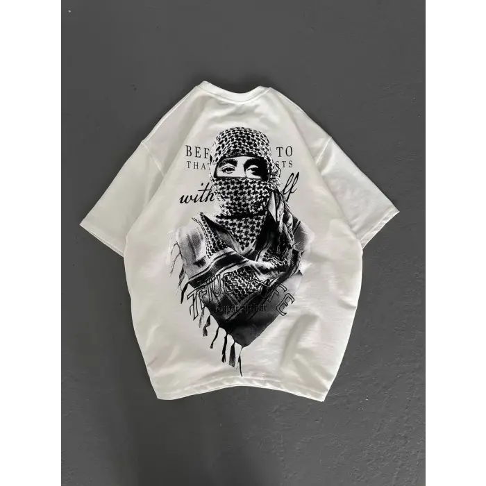 Erkek Kısa Kol Tişört Bisiklet Yaka Filistin Poşulu Baskılı T-Shirt - Beyaz