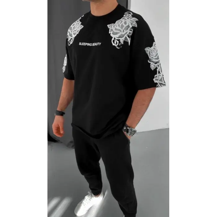 Erkek Kısa Kol Yazlık Tişört Bisiklet Yaka Baskılı Oversize T-Shirt - Siyah