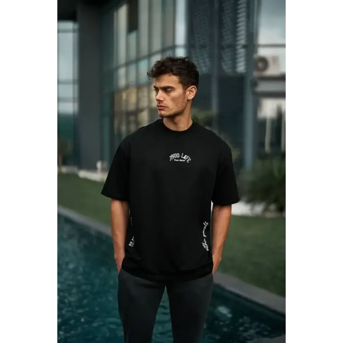 Erkek Kısa Kol Tişört Bisiklet Yaka Filistin Poşulu Baskılı T-Shirt - Siyah