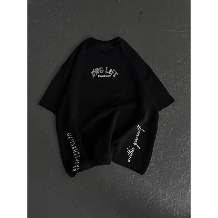 Erkek Kısa Kol Tişört Bisiklet Yaka Filistin Poşulu Baskılı T-Shirt - Siyah