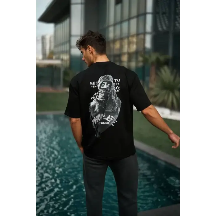 Erkek Kısa Kol Tişört Bisiklet Yaka Filistin Poşulu Baskılı T-Shirt - Siyah