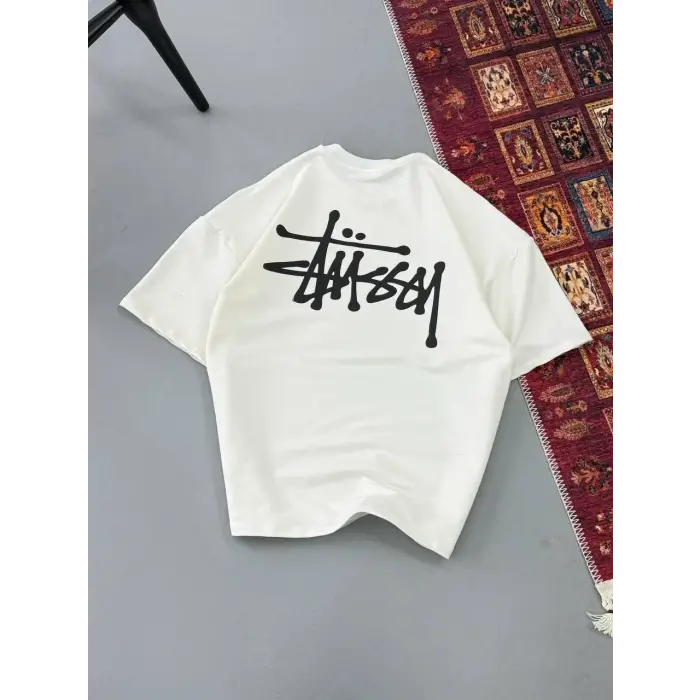 Erkek Kısa Kol Yazlık Tişört Bisiklet Yaka Baskılı Oversize T-Shirt - Beyaz