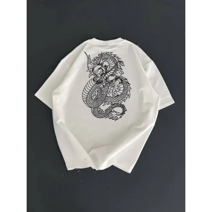Erkek Ön ve Arka Baskılı T-Shirt Kısa Kol Bisiklet Yaka Regular Fit Tişört -  Beyaz