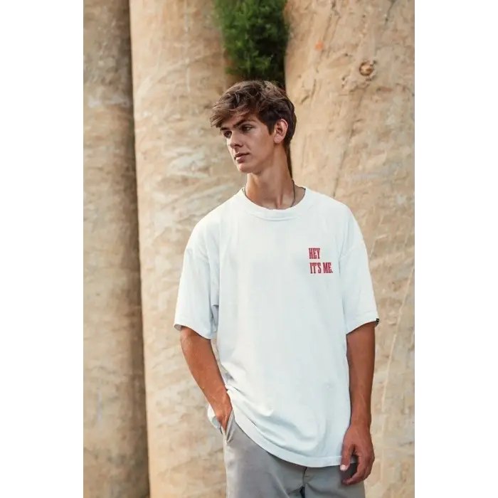Erkek Baskılı T-Shirt Kısa Kol Bisiklet Yaka Regular Fit Rahat Kalıp Tişört - Beyaz