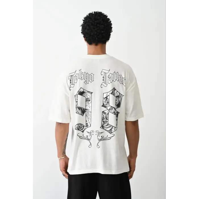 Erkek Kısa Kol Yazlık Tişört Bisiklet Yaka Baskılı Oversize T-Shirt - Beyaz