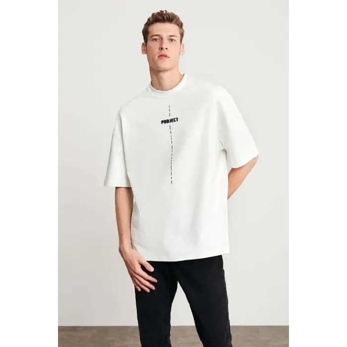 Erkek Baskılı T-Shirt Kısa Kol Bisiklet Yaka Regular Fit Rahat Kalıp Tişört - Beyaz