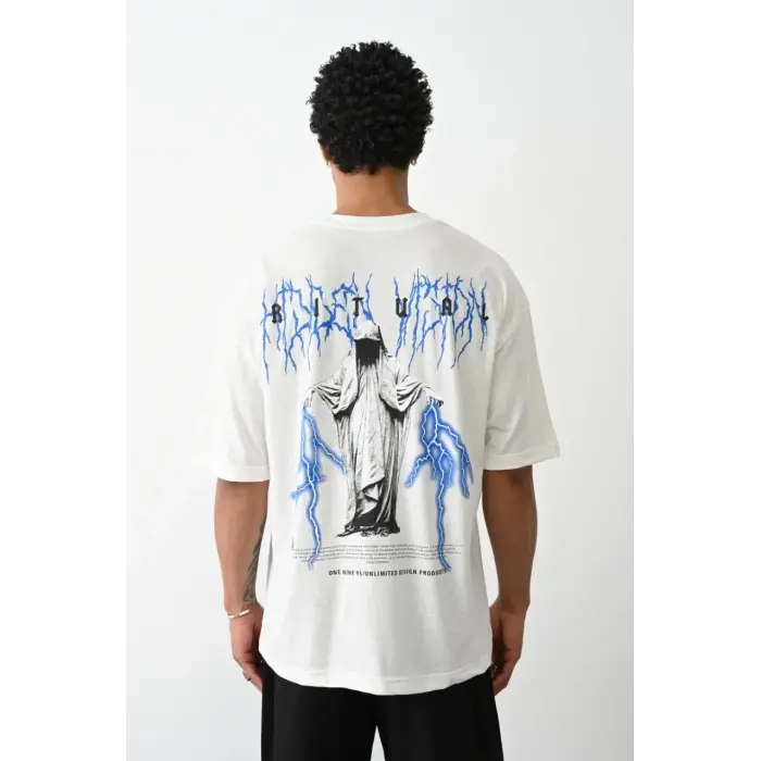 Erkek Kısa Kol Yazlık Tişört Bisiklet Yaka Baskılı Oversize T-Shirt -  Beyaz