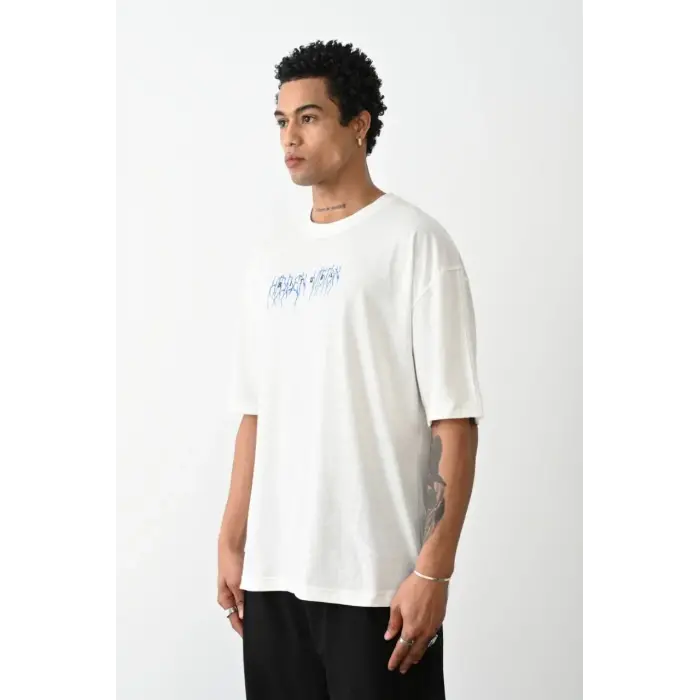 Erkek Kısa Kol Yazlık Tişört Bisiklet Yaka Baskılı Oversize T-Shirt -  Beyaz