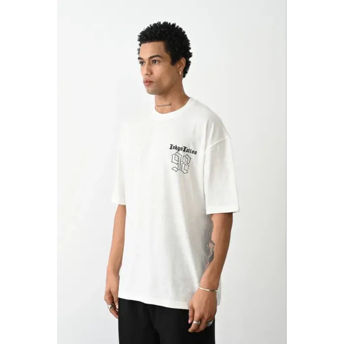 Erkek Kısa Kol Yazlık Tişört Bisiklet Yaka Baskılı Oversize T-Shirt - Beyaz