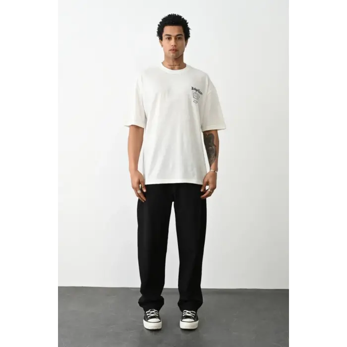 Erkek Kısa Kol Yazlık Tişört Bisiklet Yaka Baskılı Oversize T-Shirt - Beyaz