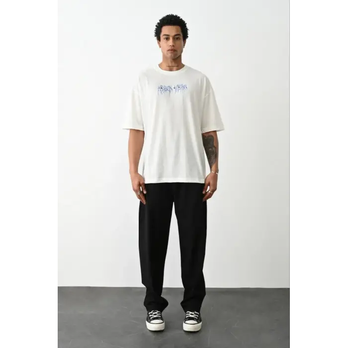Erkek Kısa Kol Yazlık Tişört Bisiklet Yaka Baskılı Oversize T-Shirt -  Beyaz