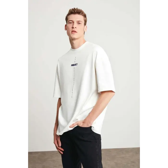 Erkek Baskılı T-Shirt Kısa Kol Bisiklet Yaka Regular Fit Rahat Kalıp Tişört - Beyaz