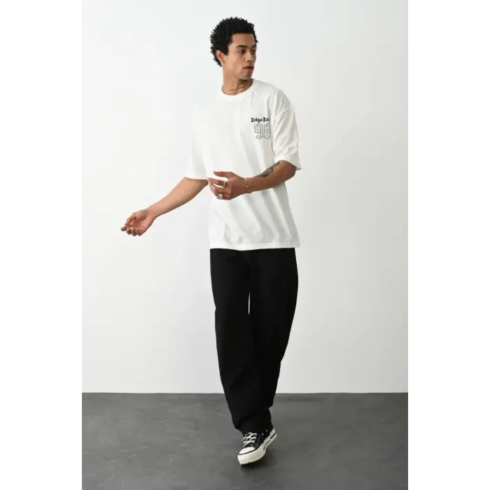 Erkek Kısa Kol Yazlık Tişört Bisiklet Yaka Baskılı Oversize T-Shirt - Beyaz