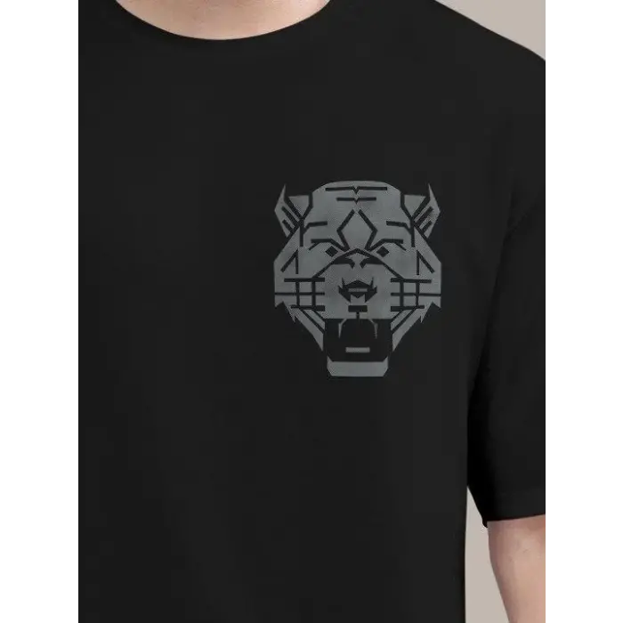 Erkek Kısa Kol Yazlık Tişört Bisiklet Yaka ASLAN Baskılı T-Shirt - Siyah