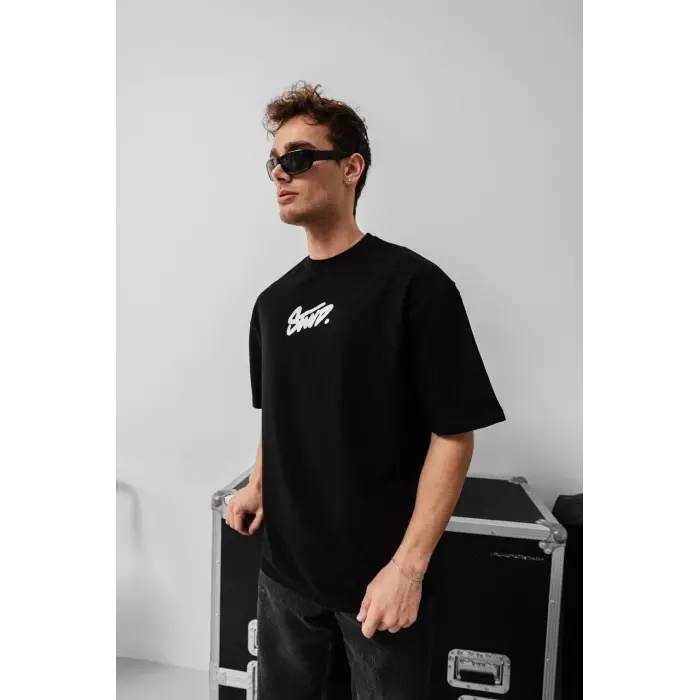 Erkek Kısa Kol Yazlık Tişört Bisiklet Yaka Baskılı Oversize T-Shirt - Siyah