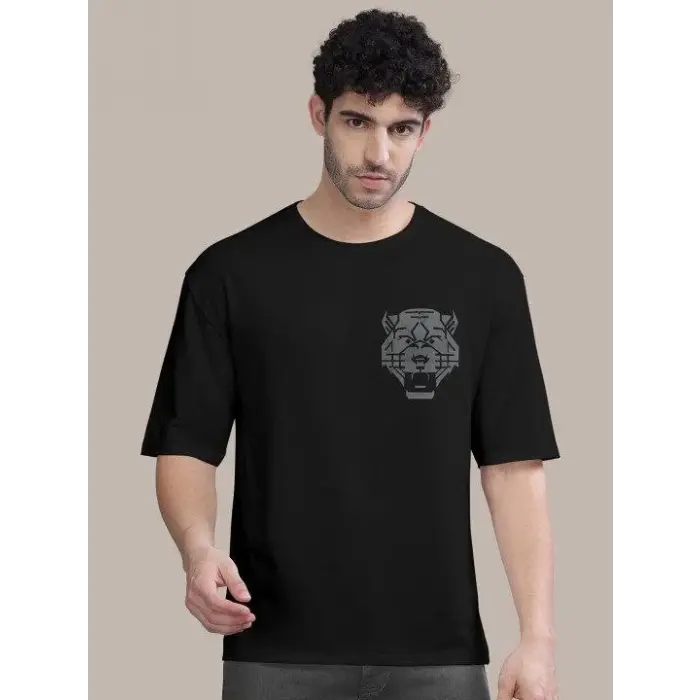 Erkek Kısa Kol Yazlık Tişört Bisiklet Yaka ASLAN Baskılı T-Shirt - Siyah