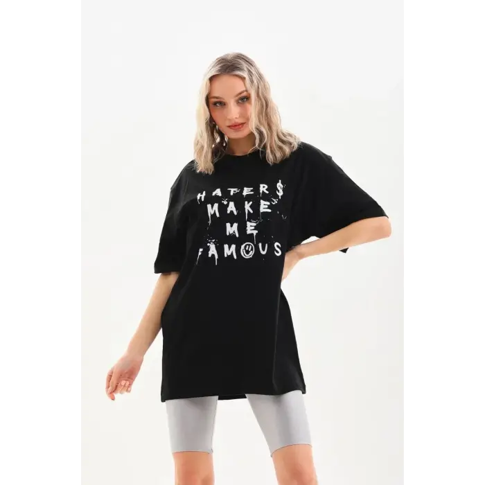 Kadın Kısa Kol Yazlık Tişört Bisiklet Yaka Baskılı Oversize T-Shirt - Siyah