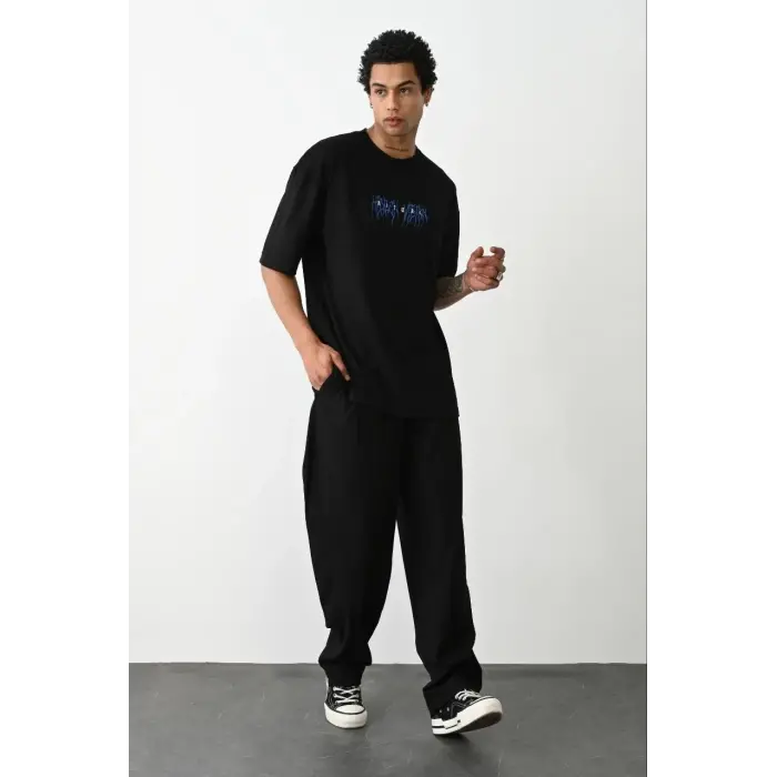 Erkek Baskılı Oversize  Kısa kol T-Shirt - Siyah
