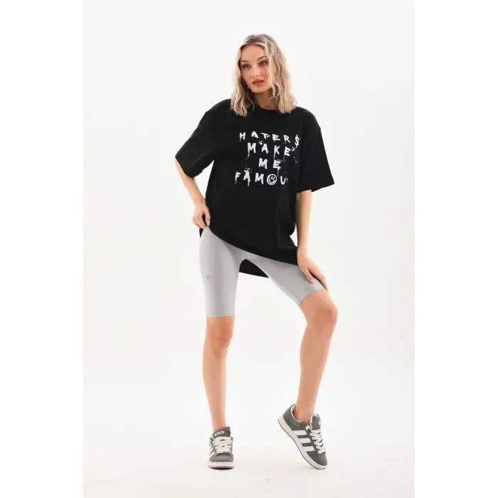 Kadın Kısa Kol Yazlık Tişört Bisiklet Yaka Baskılı Oversize T-Shirt - Siyah