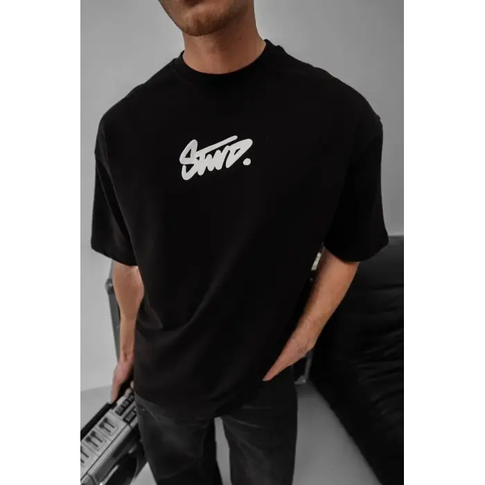 Erkek Kısa Kol Yazlık Tişört Bisiklet Yaka Baskılı Oversize T-Shirt - Siyah