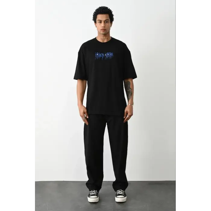 Erkek Baskılı Oversize  Kısa kol T-Shirt - Siyah