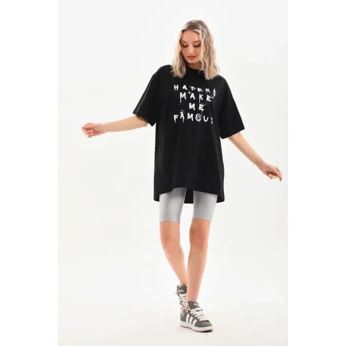 Kadın Kısa Kol Yazlık Tişört Bisiklet Yaka Baskılı Oversize T-Shirt - Siyah