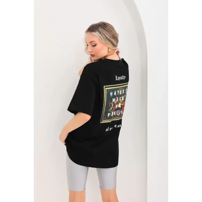 Kadın Kısa Kol Yazlık Tişört Bisiklet Yaka Baskılı Oversize T-Shirt - Siyah
