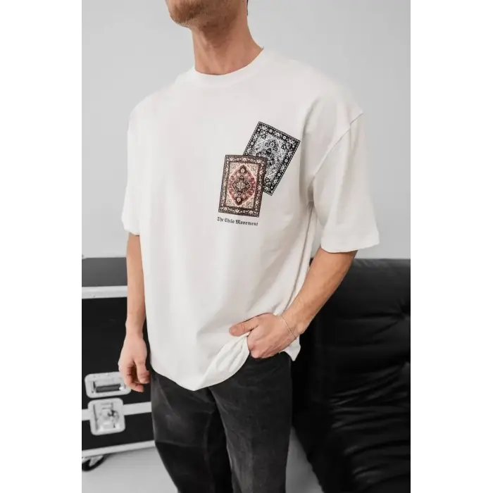 Erkek Yazlık Bisiklet Yaka Baskılı Regular Fit Tişört Kısa Kol T-Shirt - Beyaz