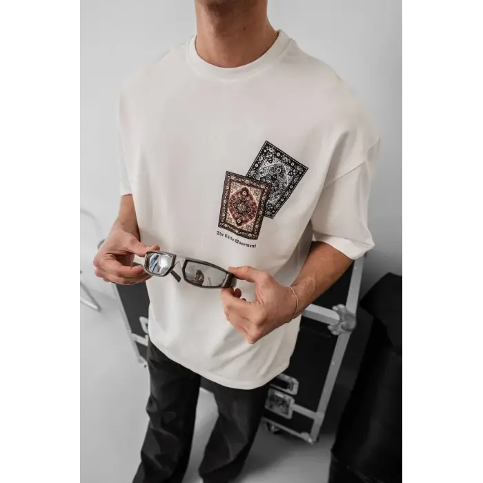 Erkek Yazlık Bisiklet Yaka Baskılı Regular Fit Tişört Kısa Kol T-Shirt - Beyaz