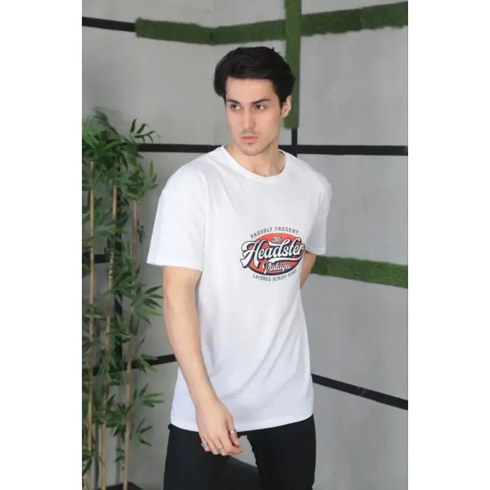 Erkek Baskılı T-Shirt Kısa Kol Bisiklet Yaka Regular Fit Rahat Kalıp Günlük Tişört - Beyaz