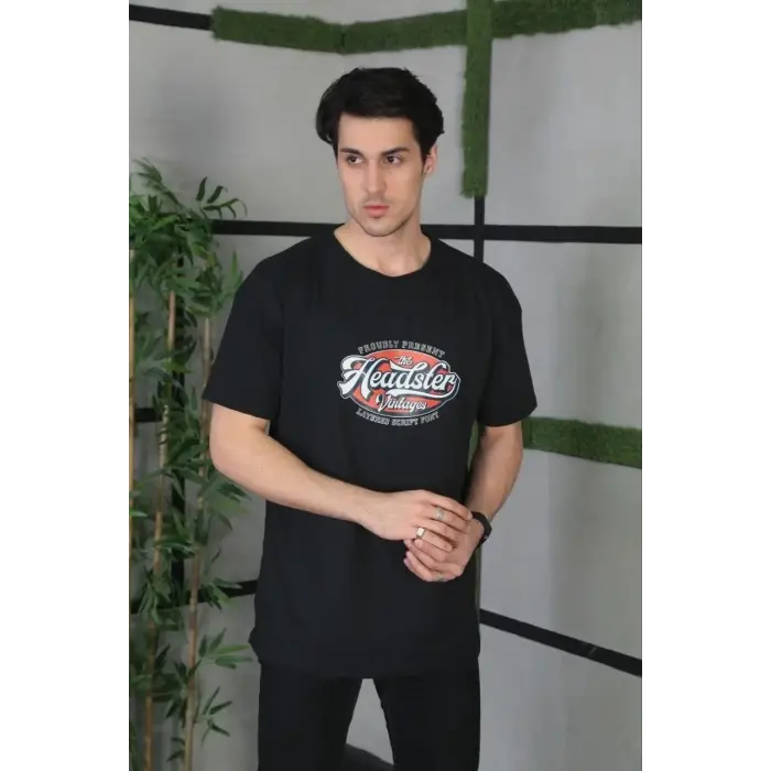 Erkek Baskılı T-Shirt Kısa Kol Bisiklet Yaka Regular Fit Rahat Kalıp Günlük Tişört - Siyah