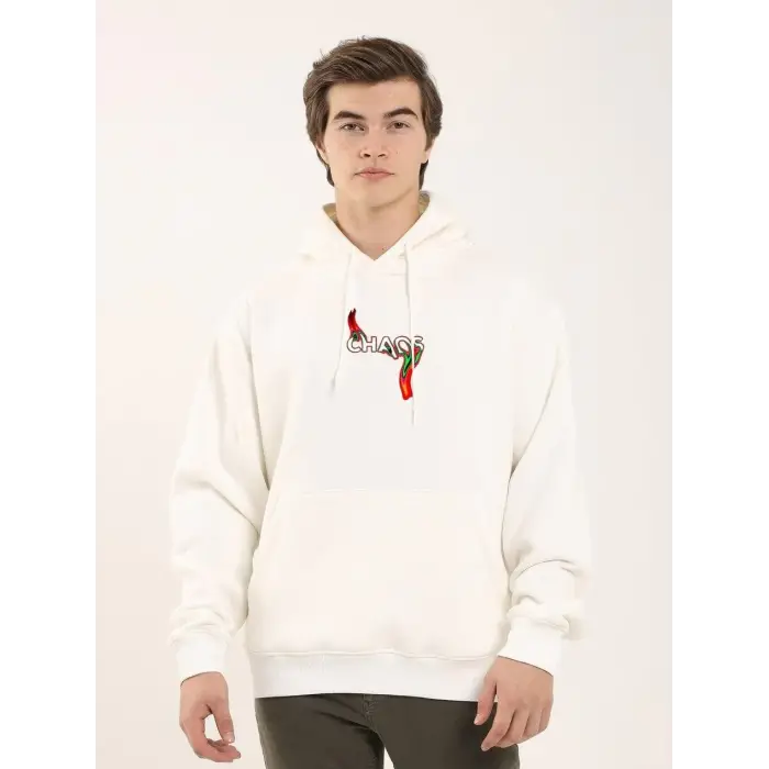 Erkek 3 İplik Pamuklu Kapüşonlu Baskılı Cepli Oversize Sweatshirt Hoodie - Beyaz
